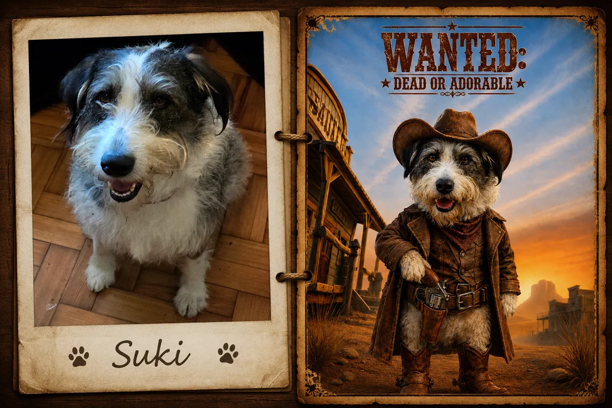 Suki's photo beside her cowboy portrait